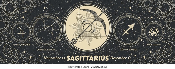 Sagittarius zodiac sign vintage black banner, astrology symbols, date, constellation, modern horoscope card. Mystical hand drawn vector drawing, calendar.