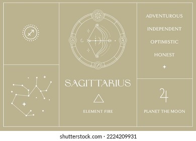 Sagittarius Zodiac Sign White Design, Esoteric Abstract Logo, Mystic Spiritual Symbols, Icons. Astrology, Moon and Stars, Magic Esoteric Art.