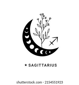 Sagittarius zodiac sign with wildflower and moon phases
