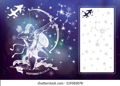 Sagittarius Zodiac sign.Horoscope constellation,stars.Abstract space dark sky blurred background with dots stars,bokeh.Vector science background.Symbol, Astrology Illustration,Sagittarius  silhouette
