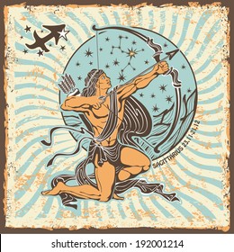 Sagittarius zodiac signs of Horoscope circle with constellation on shabby vintage background.Muscular man long hair shoots a bow with an arrow.Graphic Vector Illustration in retro style.  