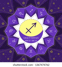Sagittarius. Zodiac signs outline style vector set on star sky background.