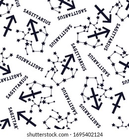 Sagittarius zodiac estampado sin fisuras. Señal repetitiva de Sagittarius con estrellas en blanco     fondo. 
diseño textil, papel pintado, tela, decoración, ropa, rayado.