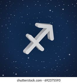 Sagittarius  zodiac symbol, 3D white zodiac icon on the background of dark blue starry sky