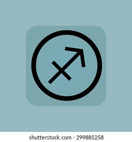 Sagittarius zodiac symbol in circle, in square, on pale blue background