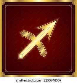 Sagittarius Zodiac Symbol, Classic Luxury Golden Elegant Contemporary Frame, Horoscope Astrology Fortune-Telling and Future Prediction, Fire Element Badge Icon Vector Design Illustration.