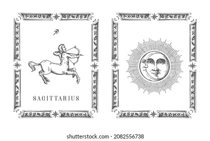 Sagittarius zodiac symbol in frame, drawn horoscope card in engraving style. Vintage illustration of astrological sign with Sun and Crescent in vector.