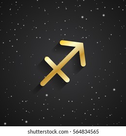 Sagittarius zodiac symbol, gold zodiac icon on the background of black starry sky