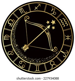 Sagittarius Zodiac Symbol In The Golden Round Frame. Vector Illustration.