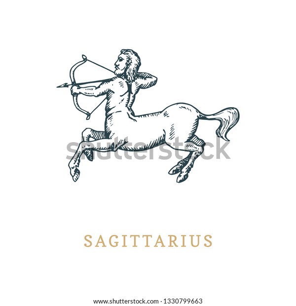 Sagittarius\
zodiac symbol, hand drawn in engraving style. Vector retro graphic\
illustration of astrological sign\
Centaur.