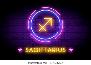 The Sagittarius zodiac symbol, horoscope sign in trendy neon style on a wall. Sagittarius astrology sign with light effects for web or print.