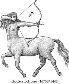 Sagittarius zodiac symbol illustration, drawing, engraving, ink, line art, vector