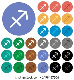 Sagittarius zodiac symbol multi colored flat icons on round backgrounds. Included white, light and dark icon variations for hover and active status effects, and bonus shades.