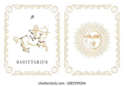 Sagittarius zodiac symbol on constellation background, drawn horoscope card in engraving style. Vintage illustration of astrological sign with Sun and Crescent in vector.