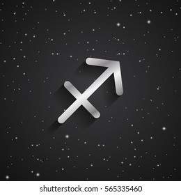 Sagittarius zodiac symbol, silver zodiac icon on the background of black starry sky