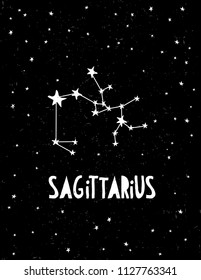 Sagittarius Zodiac Symbol Vector Card. Hand Drawn Zodiac Vector Illustration.Sagittarius Sign on a Starry Black Background.Black and White Childish Style Dark Night Design. Grunge Night Sky Vector Art