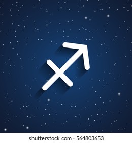 Sagittarius  zodiac symbol, white zodiac icon on the background of dark blue starry sky