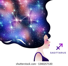 Sagittarius zodiac vector illustration. Astrological calendar symbol as female character. Space and stardust in cosmic hair. Connected stars, constellation. Gradient horoscope sign with title