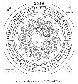 Sagittarius zodiacal coloring book with caledar 2020. Vector astrological illustration