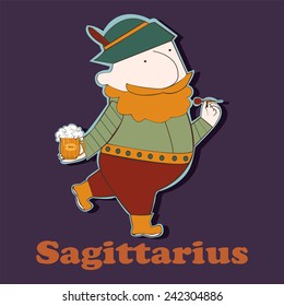 Sagittarius.File contains images of cartoon man with beer mug who playing darts. Funny zodiac single. Scrap booking style.