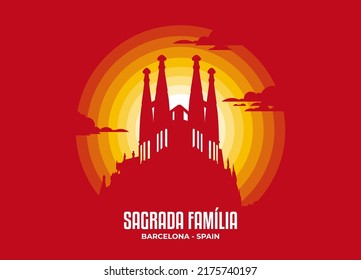 Sagrada Familia building silhouette in moonlight illustration. Color tone based on official country flag. Vector eps 10.