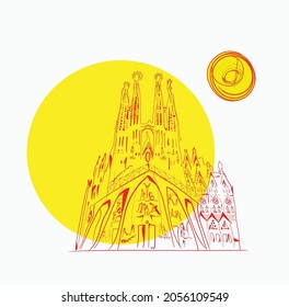 Sagrada Familia famous cathedral in Barcelona in linear style with big yellow sun