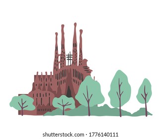 Sagrada Familia. Modelo de diseño de país español. Vista histórica de la llanura lineal; ilustración vectorial de estilo caricatura plana. Viajes y exposiciones en Europa, colección europea de vacaciones.