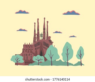 Sagrada familia. Spanish country design model. Historical view of the Linear Plain; flat cartoon style vector illustration. Travel and exhibition in Europe, European vacation collection.