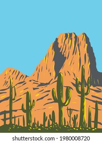 Saguaro Cactus with Beehive Peak in Tucson Mountains Located Within the Saguaro National Park in Arizona WPA Poster Art