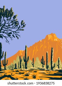 Saguaro Cactus or Carnegiea Gigantea in Ironwood Forest National Monument Section of the Sonoran Desert in Arizona WPA Poster Art