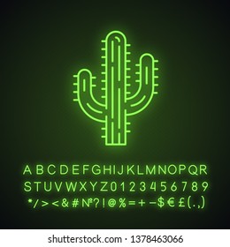 Saguaro cactus neon light icon. Arizona state wildflower. Mexican tequila cactus. American tropical plant. Glowing sign with alphabet, numbers and symbols. Vector isolated illustration