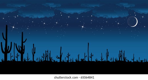 Saguaro Cactus at night. Vector background.