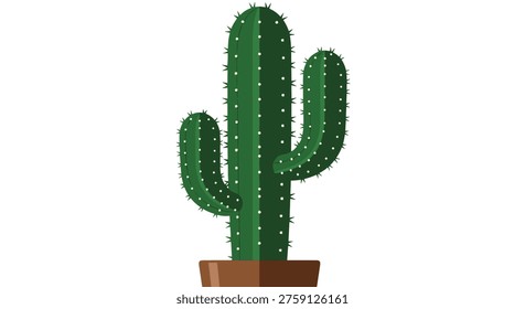 Saguaro cactus in a pot illustration features a tall green desert plant with three arms and sharp spikes on a plain white background.