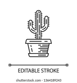 Saguaro cactus in pot linear icon. Arizona state wildflower. Mexican tequila cactus. House and garden plant. Thin line illustration. Contour symbol. Vector isolated outline drawing. Editable stroke