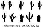 Saguaro cactus vector icon set with various desert plants in solid black silhouette for western and nature themed designs.