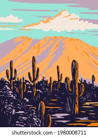 Saguaro Cactus with Wasson Peak in Tucson Mountains Located Within the Saguaro National Park in Arizona WPA Poster Art