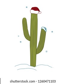 Saguaro Cactus Wear Santa Hat For Christmas. Christmas Tree In Tropical Climate Concept. Vector