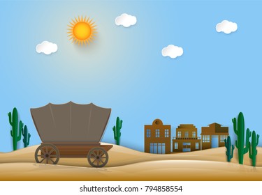 Saguaro Cactus in Western town countryside. Paper art style, paper cut illustration