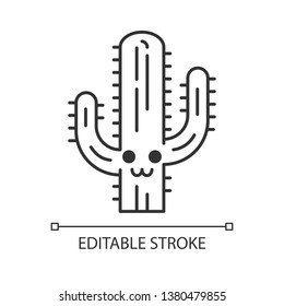 Saguaro cute kawaii linear character. Cactus with smiling face. Wild cacti. American wildflower. Happy tropical plant. Thin line icon. Vector isolated outline illustration. Editable stroke