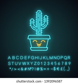 Saguaro cute kawaii neon light character. Cactus with smiling face. Happy home cacti in pot. Funny emoji, emoticon. Glowing icon with alphabet, numbers, symbols. Vector isolated illustration