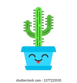 Saguaro flat design long shadow color icon. Cactus with smiling face. Home cacti with tongue out. Happy tropical plant in pot. Houseplant. Succulent plant. Vector silhouette illustration