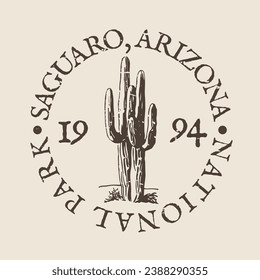 Saguaro, National Park, Arizona Silhouette Postal Passport. Stamp Round Vector Icon. Design Travel Postmark. 