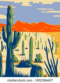 Saguaro National Park with Giant Saguaro Cactus in Sonoran Desert Pima County Arizona WPA Poster Art 