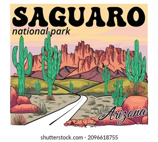 Diseño gráfico vintage del parque nacional de Saguaro para ropa, camiseta, pegatina, afiche, papel pintado y otros. Obra de arte vectorial de arte moderno cactus.