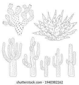 Saguaro, prickly pear cacti and agave. Set of outlined hand drawn pictures for coloring. Vector line set with desert plants.