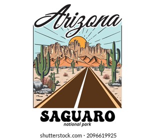 Saguaro road trip adventure vintage print design for apparel, t shirt, sticker, poster, wallpaper and others. Cactus art vector artwork for fashion.