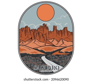 Saguaro road trip adventure vintage print design for apparel, t shirt, sticker, poster, wallpaper and others. Desert batch artwork.