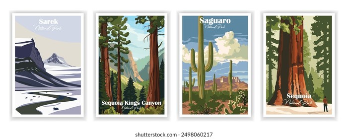 Saguaro, Sarek, Sequoia Kings Canyon, Sequoia, Parque Nacional, Antiguas Travel Posters Set, Viajes Abstractas, Ilustración vectorial