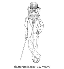 Saguinus imperator monkey dressed up in retro style, fashion animal illustration