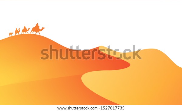 サハラ砂漠 アニメーションの風景 ラクダと砂漠の波の隊列 アフリカの砂漠に平らな横断幕と砂丘 オレンジの背景にベクターイラスト のベクター画像素材 ロイヤリティフリー